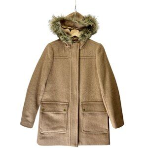 J. Crew Mercantile Sz 0 Tan Wool Blend Vail Coat Fur Trim Hood Preppy Heritage